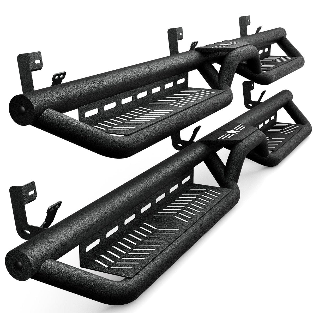 【Yzona】Quad Cab Running Board Side Step Compatible for 2009-2018 Dodge Ram 1500 (Included 2019-2024 1500 Classic), 2010-2026 Ram 2500 3500 Double/Extended Cab, Two Stair Rail Nerf Bar Star Logo, 2 Side Bars, 6-Inch Drop-Down Step Pads, Carbon Steel