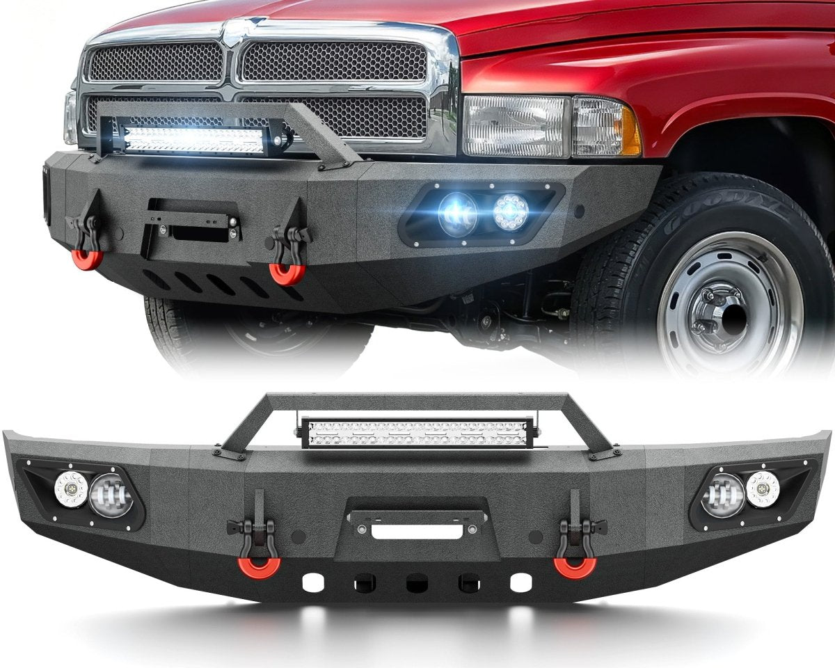 【YZONA】Steel Front Bumper Compatible with 1994-2001 Dodge Ram 1500, 1994-2002 Dodge Ram 2500 3500 5 LED Lights, Winch Plate, License Bracket, Sensor Holes & Heavy Recovery D-Rings Black