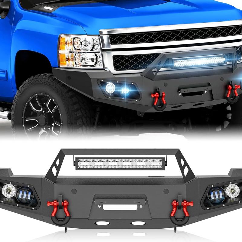 【EYOUHZ】 Front Bumper Car Accessories for 2011-2014 Chevy Silverado 2500 3500 HD Chevy Trucks, Bolt-On Off-Road Pickup Bumper with Winch Plate, Winch Mounts, Sensor Holes, 5 LED Lights, License Plate Bracket, Dual D-Rings, Black, Carbon Steel, 119.2Lb