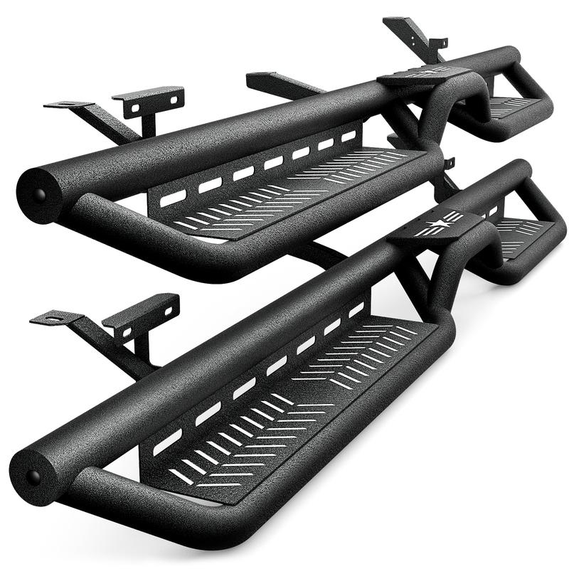 【YZONA】Heavy-Duty Bolt-On No-Drilling Auto Running Boards - 2-Stair Rust-Resist Coat Carbon Steel 2 Side Bars for 2002-2008 Dodge Ram 1500, 2003-2009 Ram 2500/3500 Double/Extended/Quad Cab, Black with Star Logo, Oversize Tire Fit Auto Vehicle Accessories