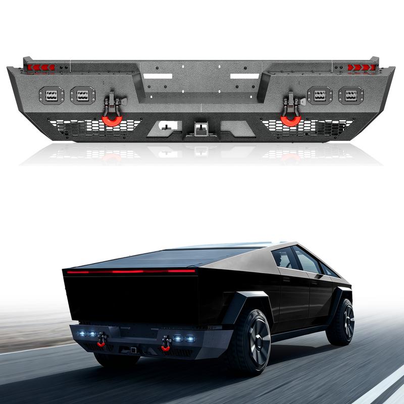 【EYOUHZ】Steel Rear Bumper Compatible with Tesla Cybertruck 2024-2025 4x18W LED, Mesh Armor, Side Steps, Hitch Receiver & Heavy D-Rings