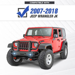 【Yzona】Metal Carbon Steel Front Bumper with Grille Guard for 2007-2018 Wrangler JK, Bolt-On Winch Mount, Bolt-On Installation, 2pcs 18w High-Brightness LED Spotlights, 2pcs 3/4" D-Rings, 2pcs Mounting Hardware, 55.9"d x 31.5"w x 13"h, Daily Use LED Lights