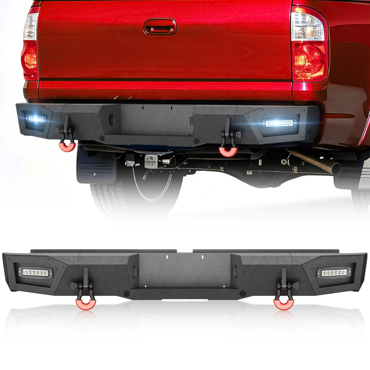 【Yzona】Bolt-On Off-Road Rear Bumper - Accessories for Your Car, Truck Exterior Accessory for Toyota Tundra 2000-2006 (Black), User-Installable, 2x18W LED Lights, Sensor Holes, Built-In Step, Carbon Steel D-Rings, Recovery Aid