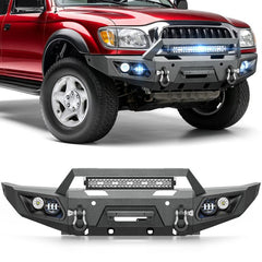 【Yzona】Metal Front Protection Bumper for 1995-2004 Toyota Tacoma, Automotive Replacement Part with 12000 LBS Winch Mount, Skid Plate, 5 LED Lights, License Plate Holder, Sensor Holes, D-rings