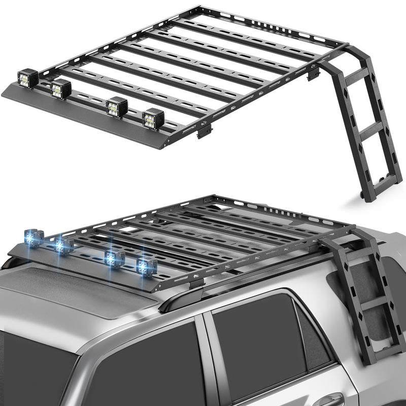 【YZONA】Roof Rack Hard Top Cargo Basket with Ladder & 4 LED Lights Compatible with Toyota 4Runner / Land Cruiser & Prado 4 Doors Hardtop, Rooftop Rack Carrier Luggage Storage Holder