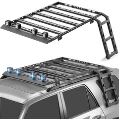 【YZONA】Roof Rack Hard Top Cargo Basket with Ladder & 4 LED Lights Compatible with Toyota 4Runner / Land Cruiser & Prado 4 Doors Hardtop, Rooftop Rack Carrier Luggage Storage Holder