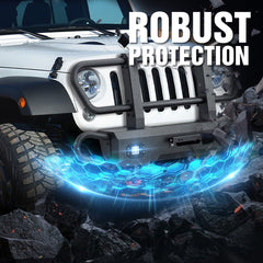 【Yzona】Metal Carbon Steel Front Bumper with Grille Guard for 2007-2018 Wrangler JK, Bolt-On Winch Mount, Bolt-On Installation, 2pcs 18w High-Brightness LED Spotlights, 2pcs 3/4" D-Rings, 2pcs Mounting Hardware, 55.9"d x 31.5"w x 13"h, Daily Use LED Lights
