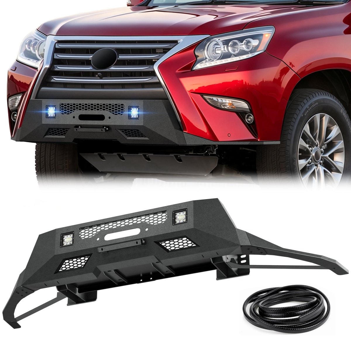 YZONA Steel Front Bumpers Compatible with 2014-2023 Lexus GX460, Winch Plate, 2 x LED Lights, License Plate Bracket, Black