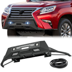 YZONA Steel Front Bumpers Compatible with 2014-2023 Lexus GX460, Winch Plate, 2 x LED Lights, License Plate Bracket, Black