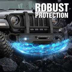 【Yzona】Carbon Steel Front Bumper with Grille Guard, Corrosion Resistance for 2018-2025 Gladiator JT, Automotive Car Accessories, Bolt-On Off-Road Auto Parts, Winch Plate, 2pcs 18W High-Brightness LED Lights, 2pcs 3/4"-D-Rings