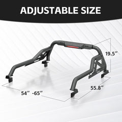 Yzona Adjustable Sport Roll Bar for Trucks, Carbon Steel with Built-in Cargo Basket & Brake Light, 54”-65” Fit, 660lbs Capacity, Compatible with Tacoma, Tundra, Frontier, Ridgeline, Titan, Gladiator JT, Colorado, Canyon & Universal Truck Beds