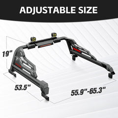 Yzona Bolt-On Carbon Steel Off-Road Sport Roll Bar - 55.9-65.3" Adjustable Universal Fit Bed Chase Rack with LED Lights for Full-Size Pickups (Silverado/Sierra 1500, F-150, Tundra, Titan/Frontier, Gladiator)