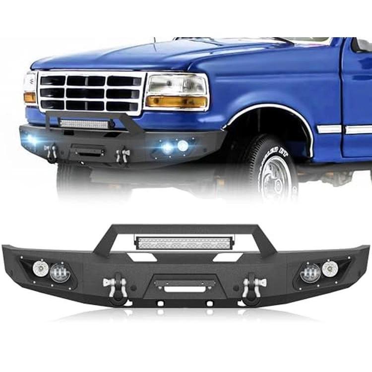 Steel Front Bumper Crash Guard Replacement for Ford F150-F450 1992-1997 Vehicle, Black with Integrated Winch Plate, 120W Spotlight, License Plate Frame, Sensor Mounting Holes, D-Rings, Car Accessories