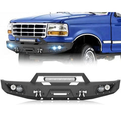 Steel Front Bumper Crash Guard Replacement for Ford F150-F450 1992-1997 Vehicle, Black with Integrated Winch Plate, 120W Spotlight, License Plate Frame, Sensor Mounting Holes, D-Rings, Car Accessories