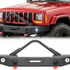 【Yzona】Carbon Steel Bolt-On Front Bumper for 1984-2001 Jeep Cherokee XJ/Comanche MJ, Off-Road Exterior Accessory with Winch Plate, 2x18W Offroad Lights, D-Rings, Tow Anchor, Black, 62.2"d x 8.66"w x 18.11"h, Brightens Path, Enhances Visibility