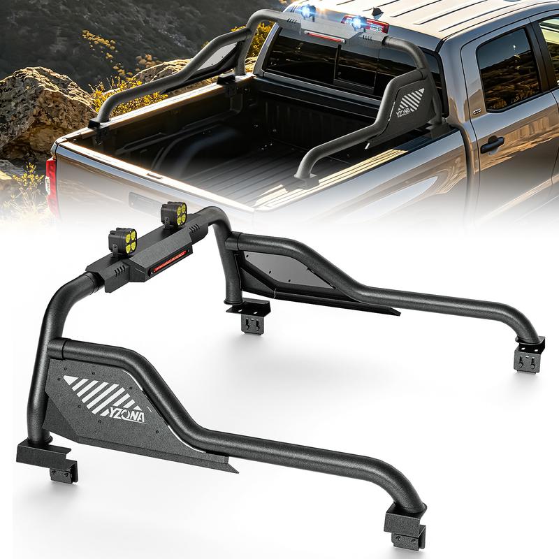 Yzona Carbon Steel Sport Roll Bar Bed Chase Rack Car Accessory for Pickup Trucks (Gladiator, Frontier, Titan, Tundra), 56"-65" Adjustable, Bolt-On Install, LED Lights, Brake Light Bar, Track Rail Adapters, Ideal for Nighttime Driving