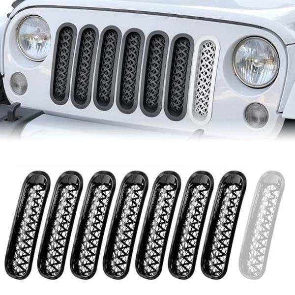 【Yzona】7-Pieces Matte Black Mesh Off-Road Grill Inserts - Acrylonitrile Butadienestyrene Durable Material, Long-Lasting Performance, Direct-Fit Easy-Install Cover for 2007-2018 Jeep JK Wrangler & Unlimited, +1 White Car Exterior Accessory