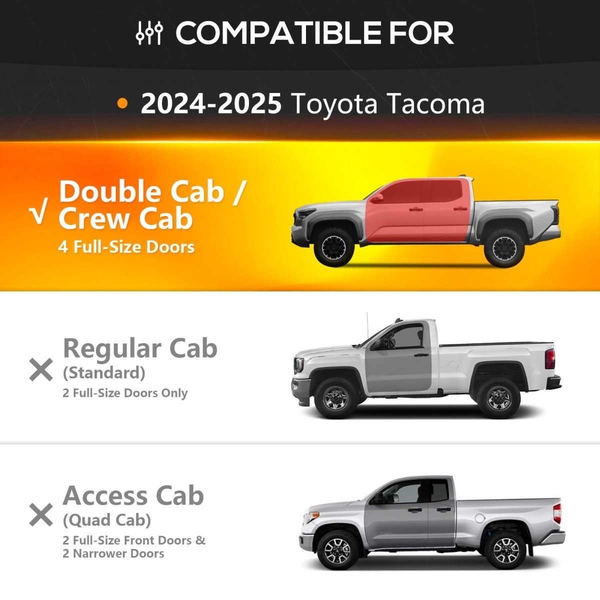 Running Boards for Pickup Trucks Compatible with 2024 2025 Toyota Tacoma Double Cab & Crew Cab - Yzona