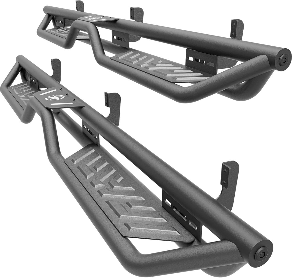 Running Boards Side Steps Compatible for 2005-2025 Nissan Frontier Crew Cab (4 Full Size Doors), Two Stairs Design Bolt-on Side Rails Step Nerf Bar (Black Powder Coated, Star Logo)