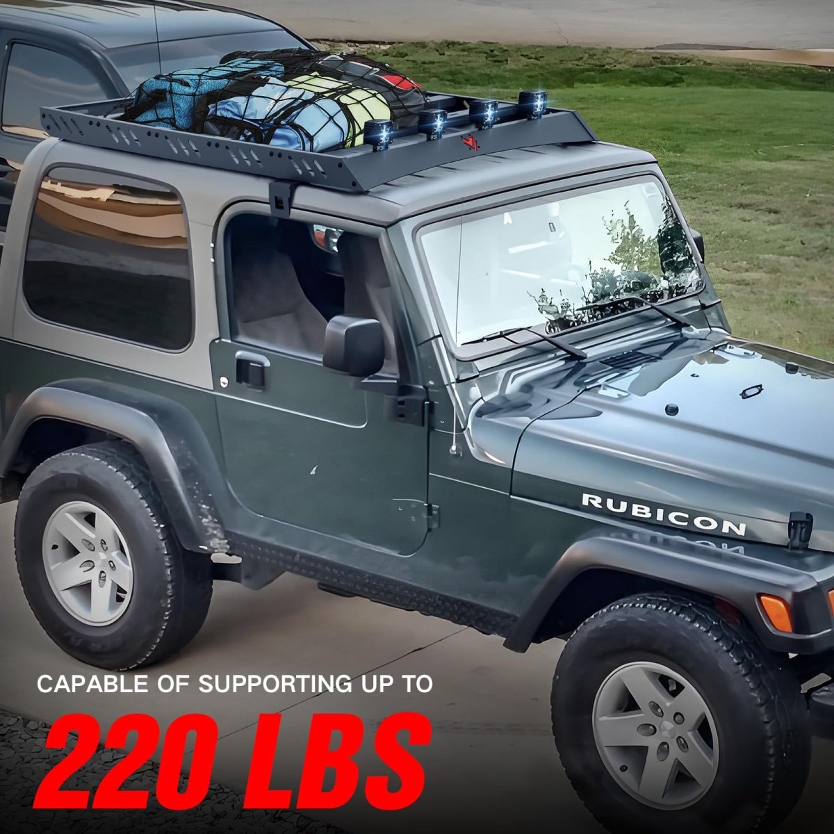 Roof Rack Cargo Basket with 4PCS LED Light Bar Compatible for 1997-2006 Jeep Wrangler TJ 2 Doors Hardtop | Yzona