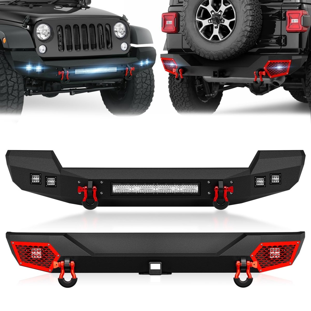 Full Width Front Bumper & Rear Bumper with Spare Tire Carrier Compatible with 2018-2024 Jeep Wrangler JL JLU w/Sensor Holes, LED Lights, License Plate Bracket, 2" Hitch Receiver & D-rings