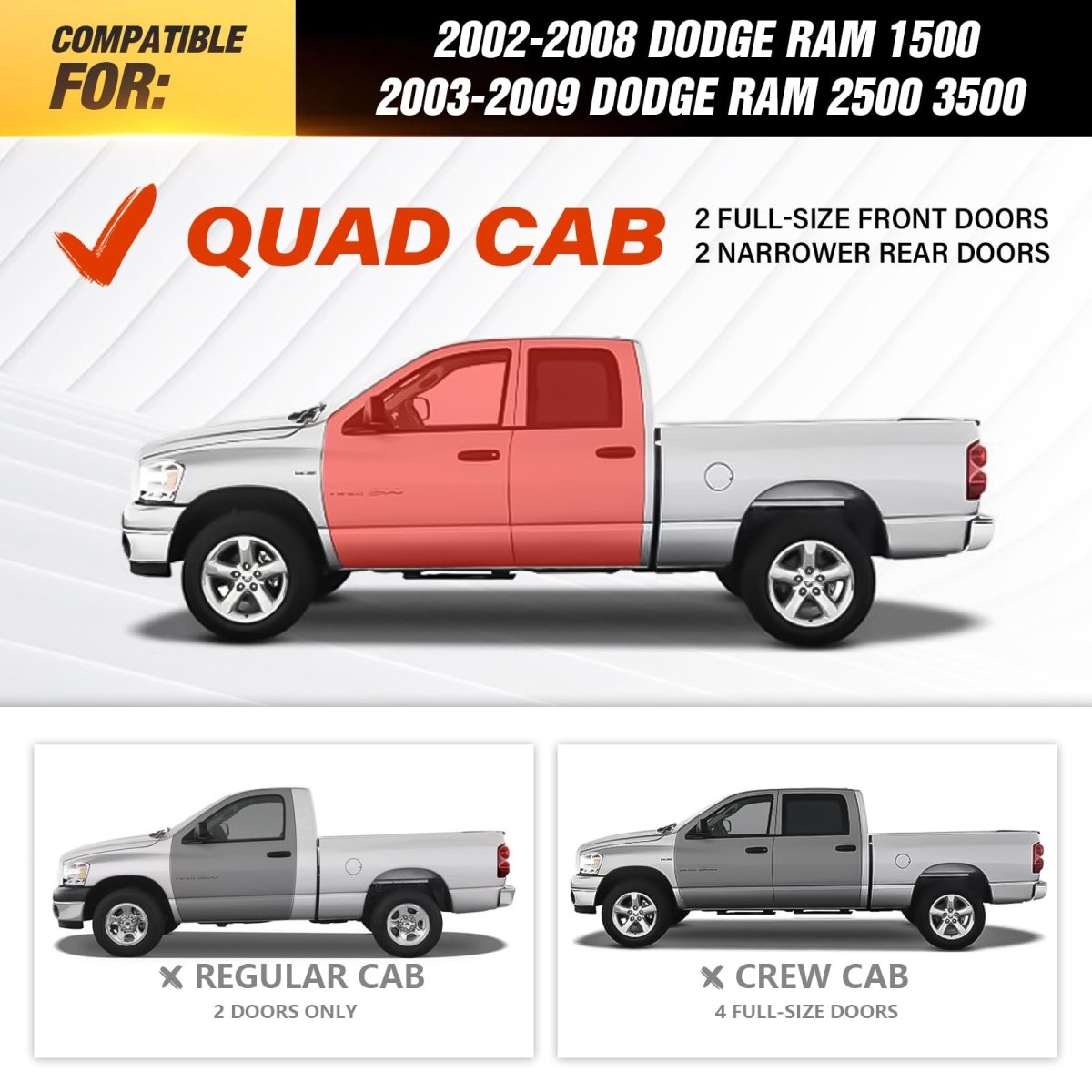 Two Raised Steps Quad Cab Nerf Bar Running Boards Compatible for 2002-2008 Dodge Ram 1500, 2003-2009 Ram 2500 3500 | Yzona