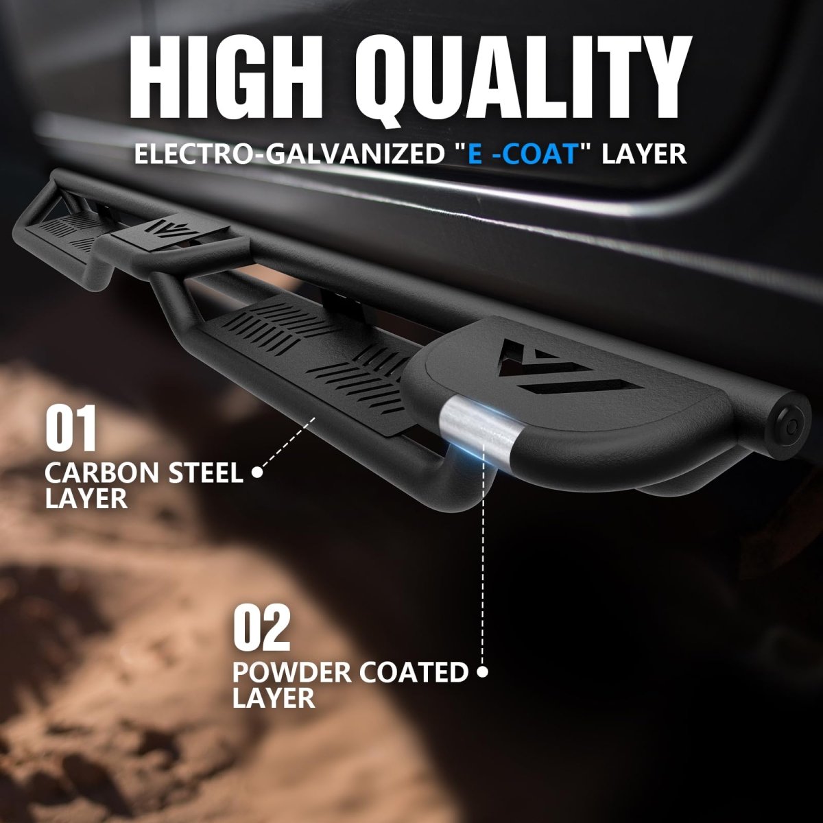 Two Raised Steps Quad Cab Nerf Bar Running Boards Compatible for 2002-2008 Dodge Ram 1500, 2003-2009 Ram 2500 3500 | Yzona