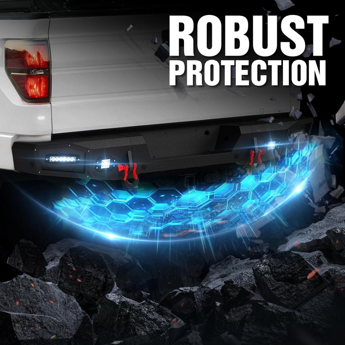 Pickup Truck Rear Step Bumper Compatible with 2009-2014 12th Gen Ford F150 (Excluding Raptor) Heavy Duty Bumper with Paintable Armor, 4 x LED Lights, Sensor Holes & D-rings, Textured Black