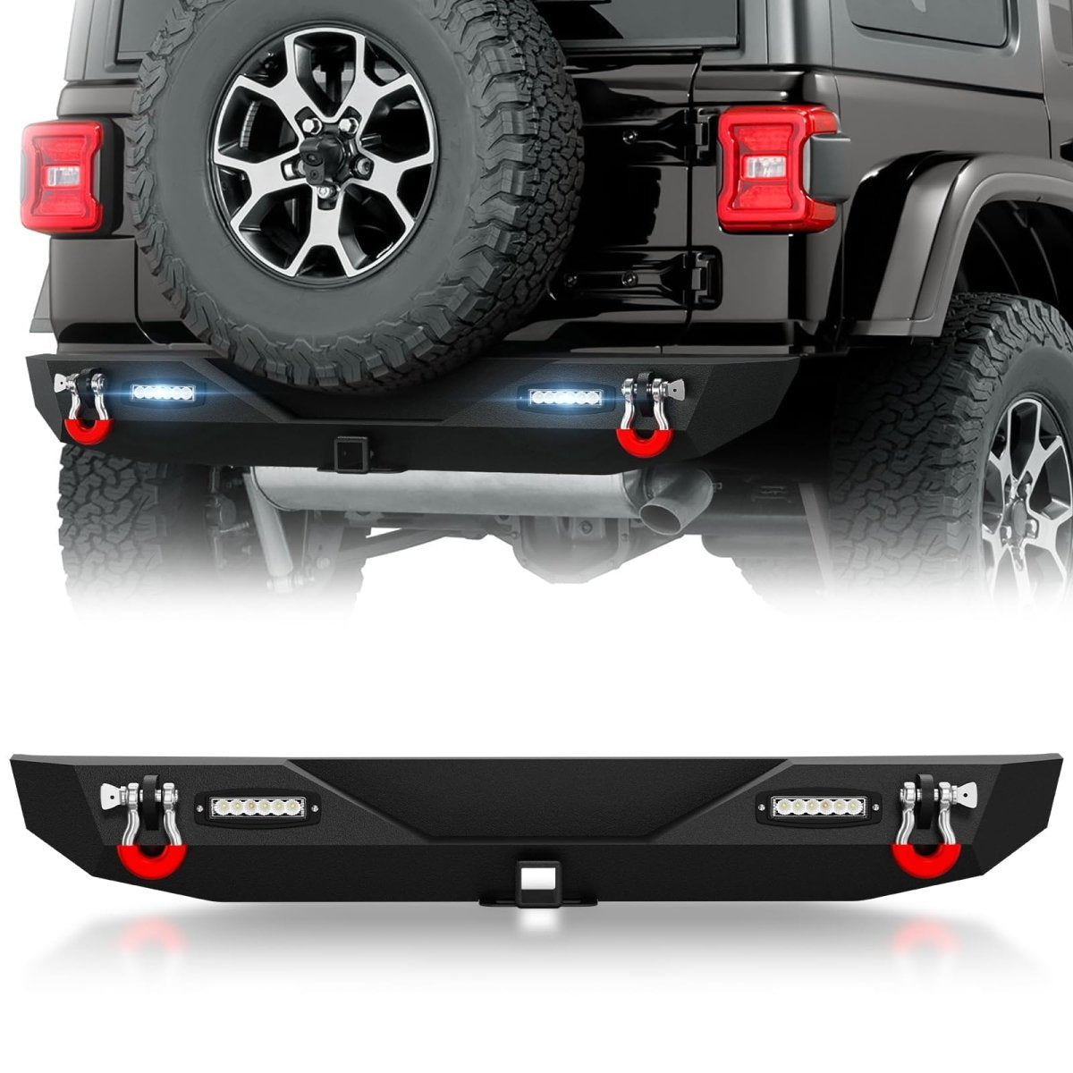 for JL Off-road Rear Bumper with Spare Tire Carrier Compatible with 2018 2019 2020 2021 2022 2023 2024 2025 Jeep Wrangler JL JLU with LED Lights, License Plate Frame, 2" Hitch Receiver & D-rings