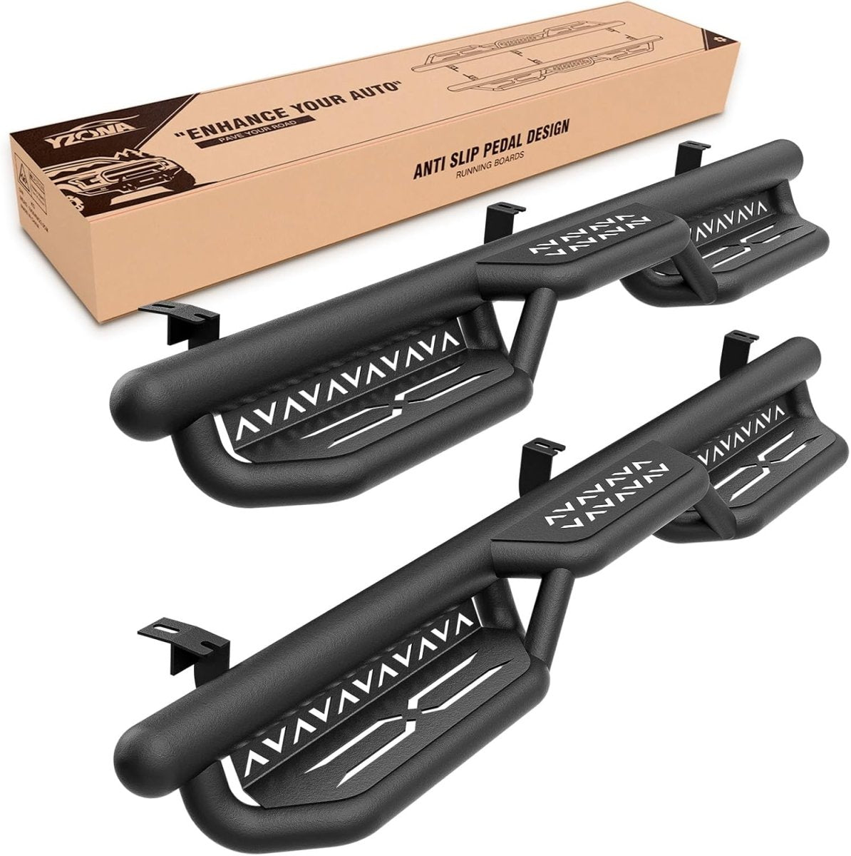 Running Boards Side Steps Compatible with 2005-2023 Toyota Tacoma Double Cab & Crew Cab (4 Full-Size Doors), Two Stair Design Side Rails Nerf Bar Rock Sliders, Heavy-Duty Carbon Steel (Black)