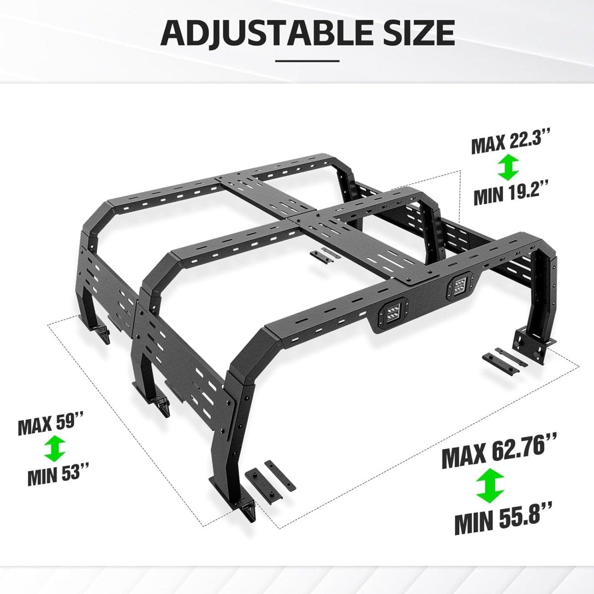 Adjustable Overland Bed Racks Full-Size Truck Cargo Carrier with 2 LED Lights Compatible with F150 F-150, Ram 1500, Titan, Truck Rear Ladder Rack Back Cross Bars