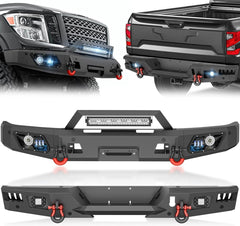 for Titan Front & Rear Bumpers Compatible with 2016-2024 Nissan Titan (Excluding TITAN XD) with LED Lights, Winch Plate, License Plate Frame, Sensor Holes, License Plate Lights & D-rings