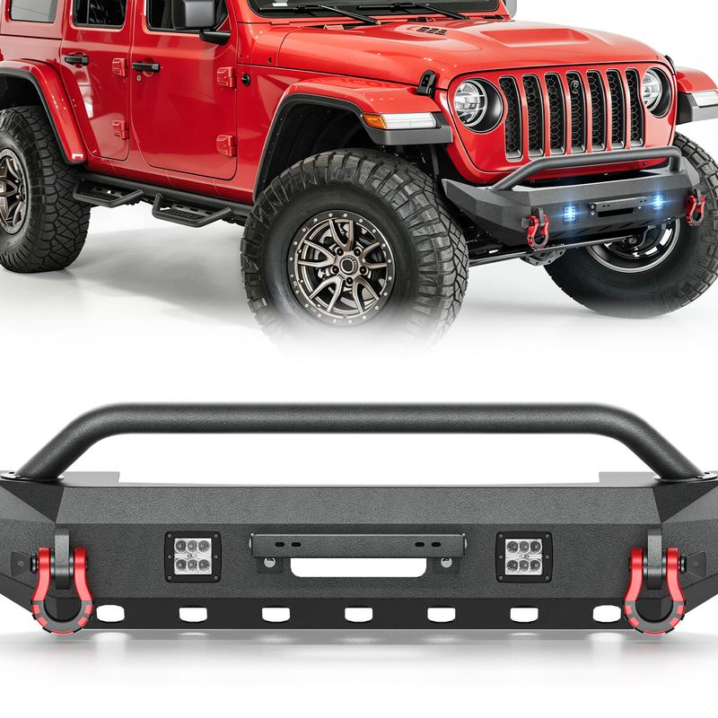Yzona Heavy Duty Carbon Steel Front Bumper - Fitment for 18-26 Jeep Wrangler JL, 20-26 Gladiator JT JL/JT Series, Bolt-On Winch Plate, 2 LED Lights, D-Rings, Tow-Compatible, Powder Coat - Off-Road Car Exterior Accessory Upgrade