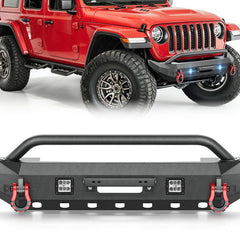 Yzona Heavy Duty Carbon Steel Front Bumper - Fitment for 18-26 Jeep Wrangler JL, 20-26 Gladiator JT JL/JT Series, Bolt-On Winch Plate, 2 LED Lights, D-Rings, Tow-Compatible, Powder Coat - Off-Road Car Exterior Accessory Upgrade