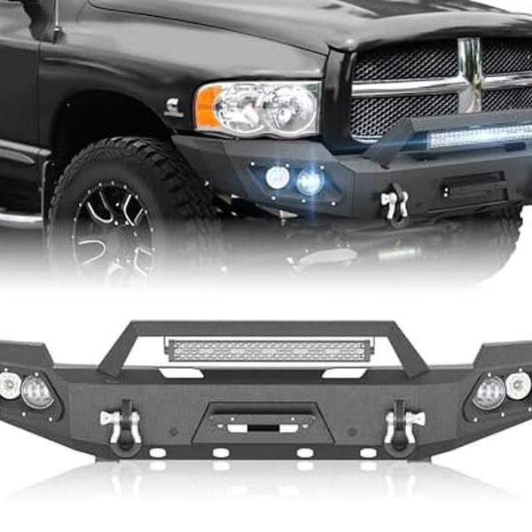 【Yzona】Pickup Truck Front Bumper Compatible with 2002-2005 Dodge Ram 1500 & 2003-2005 Ram 2500 3500 (Exclude Diesel) with Winch Plate, LED Lights, License Plate Bracket, Sensor Holes & D-rings, Black