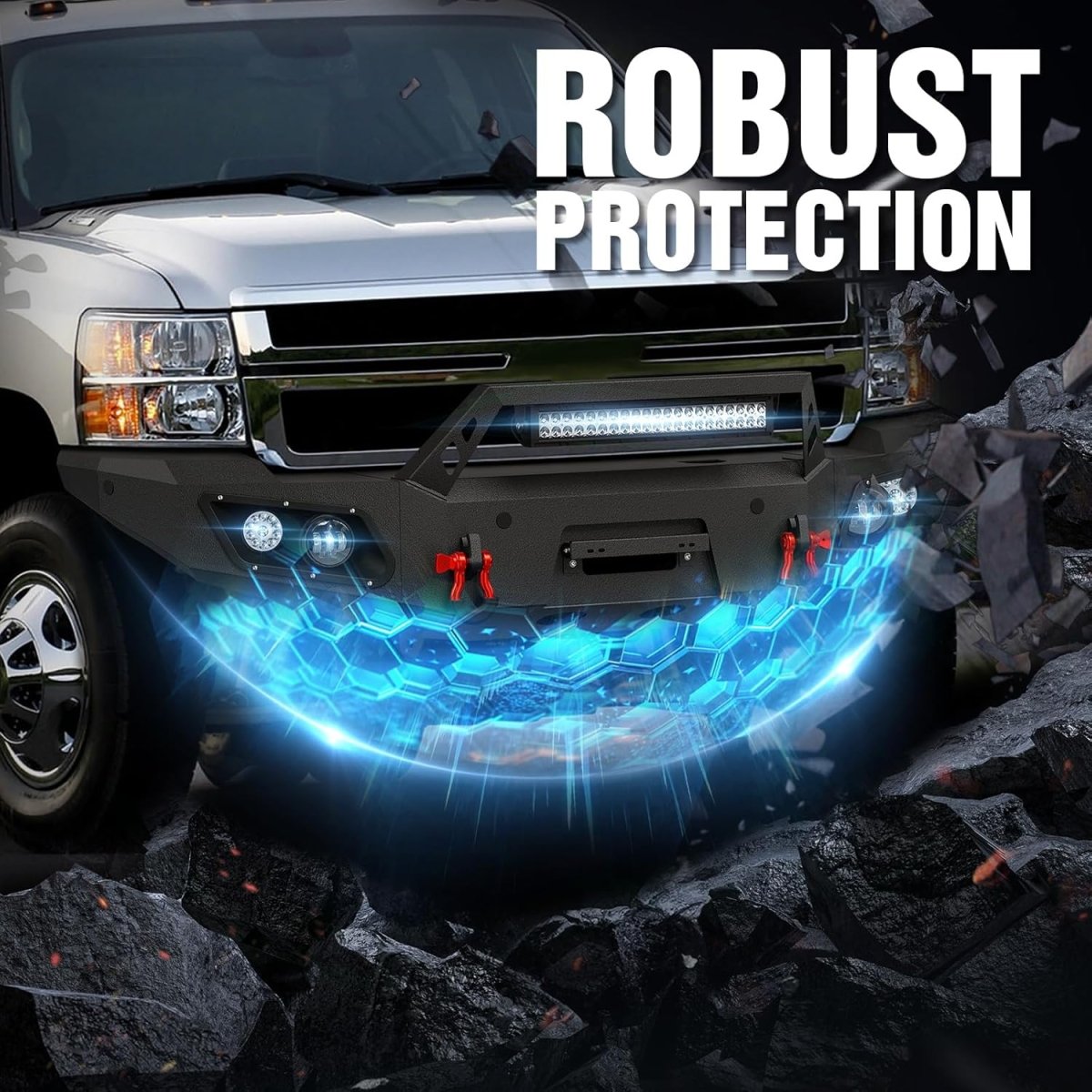 for Chevy Front Bumpers Off Road Compatible with 2011-2014 Chevy Silverado 2500 3500 HD with 5 x LED Lights | Yzona