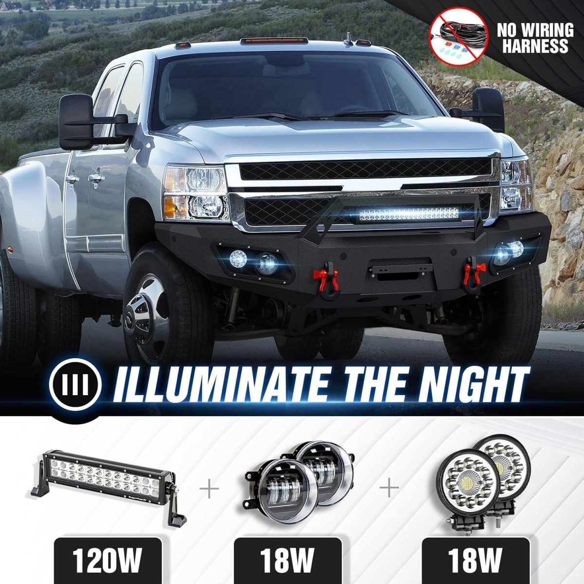 for Chevy Front Bumpers Off Road Compatible with 2011-2014 Chevy Silverado 2500 3500 HD with 5 x LED Lights | Yzona