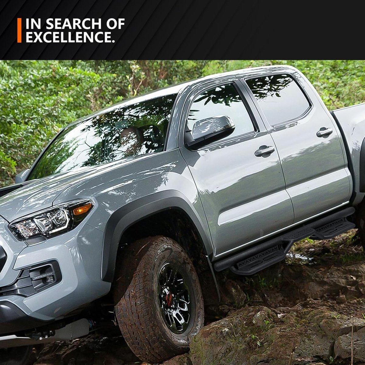 Running Boards Side Steps Compatible with 2005-2023 Toyota Tacoma Double Cab & Crew Cab (4 Full-Size Doors), Two Stair Design Side Rails Nerf Bar Rock Sliders, Heavy-Duty Carbon Steel (Black)