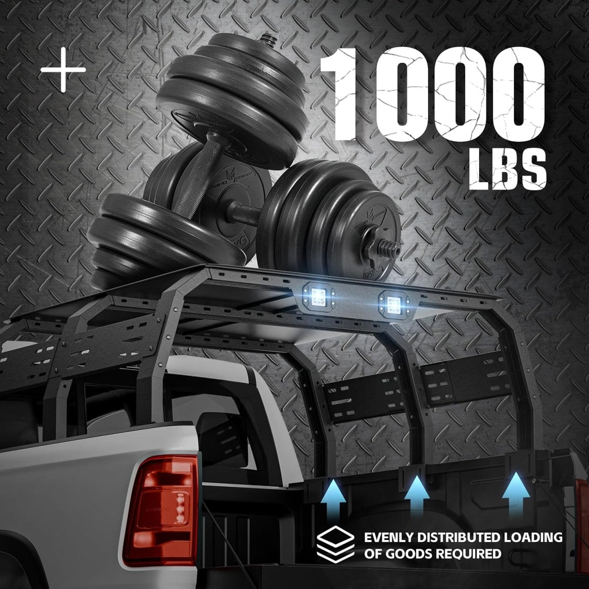 Adjustable Overland Bed Racks Full-Size Truck Cargo Carrier with 2 LED Lights Compatible with F150 F-150, Ram 1500, Titan, Truck Rear Ladder Rack Back Cross Bars