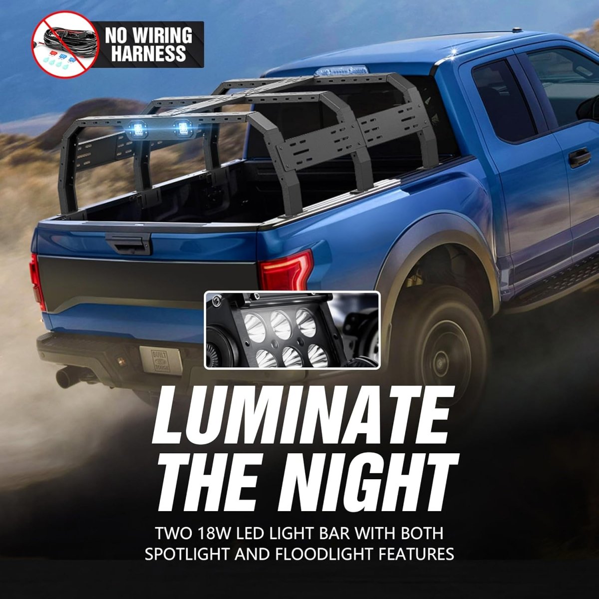 Adjustable Overland Bed Racks Full-Size Truck Cargo Carrier with 2 LED Lights Compatible with F150 F-150, Ram 1500, Titan, Truck Rear Ladder Rack Back Cross Bars