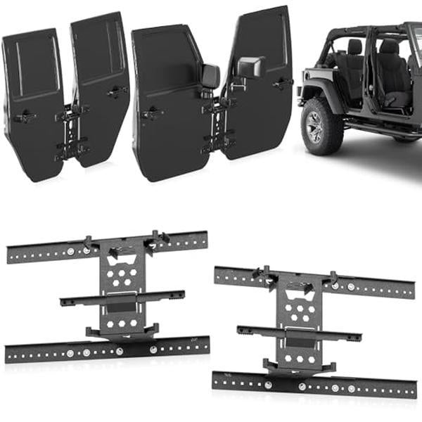 【Yzona】Door Storage System Hangers Rack Bracket Compatible with 2007-2025 Jeep Gladiator JT & Wrangler JK JKU JL JLU Unlimited 4 Doors , Wall Mounted Removable Doors Holder (Front & Rear Doors, Black)