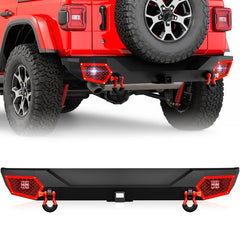 Yzona Rear Bumper Accessory for 2018-2026 Jeep Wrangler JL JLU Unlimited (2/4 Doors) Vehicle, Paintable Armor, 18W LED Lights, 2-inch Receiver Hitch, 4.75-ton Capacity D-Rings, Bolt-on Installation, 65.35"d x 13.39"w x 9.45"h Car Exterior Accessory