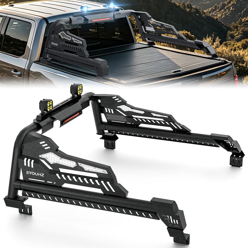 【Yzona】Heavy Duty Sport Roll Bar Pickup Truck Bed Chase Rack, Adjustable 54.7"-59.8" Bed Accessory with LED Brake Light Bar, Compatible with 2019-2026 Ranger, Gladiator, Colorado, Canyon, Frontier, Ridgeline (Lights Included), Led Lights, Carbon Steel, Be