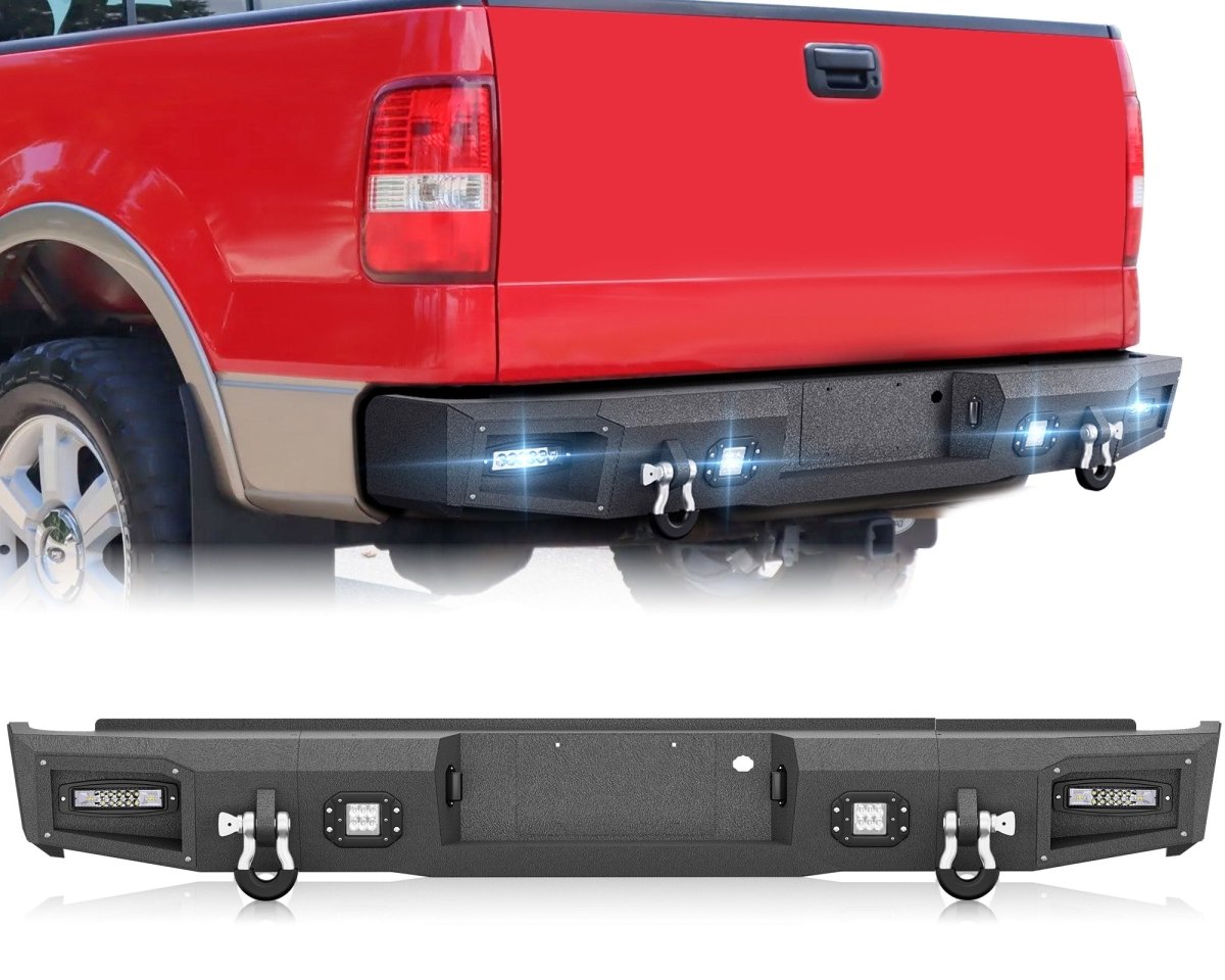 【YZONA】Carbon Steel Rear Bumper (5/32" Thick, 9,500 lbs Capacity, 44.1 lbs), Compatible with Ford F-150 2004-2006 (Excl Raptor), with LED Lights, 48w LED Spotlights, License Lights, License Frame Holes, D-Rings, 45.28"d x 16.54"w x 9.84"h