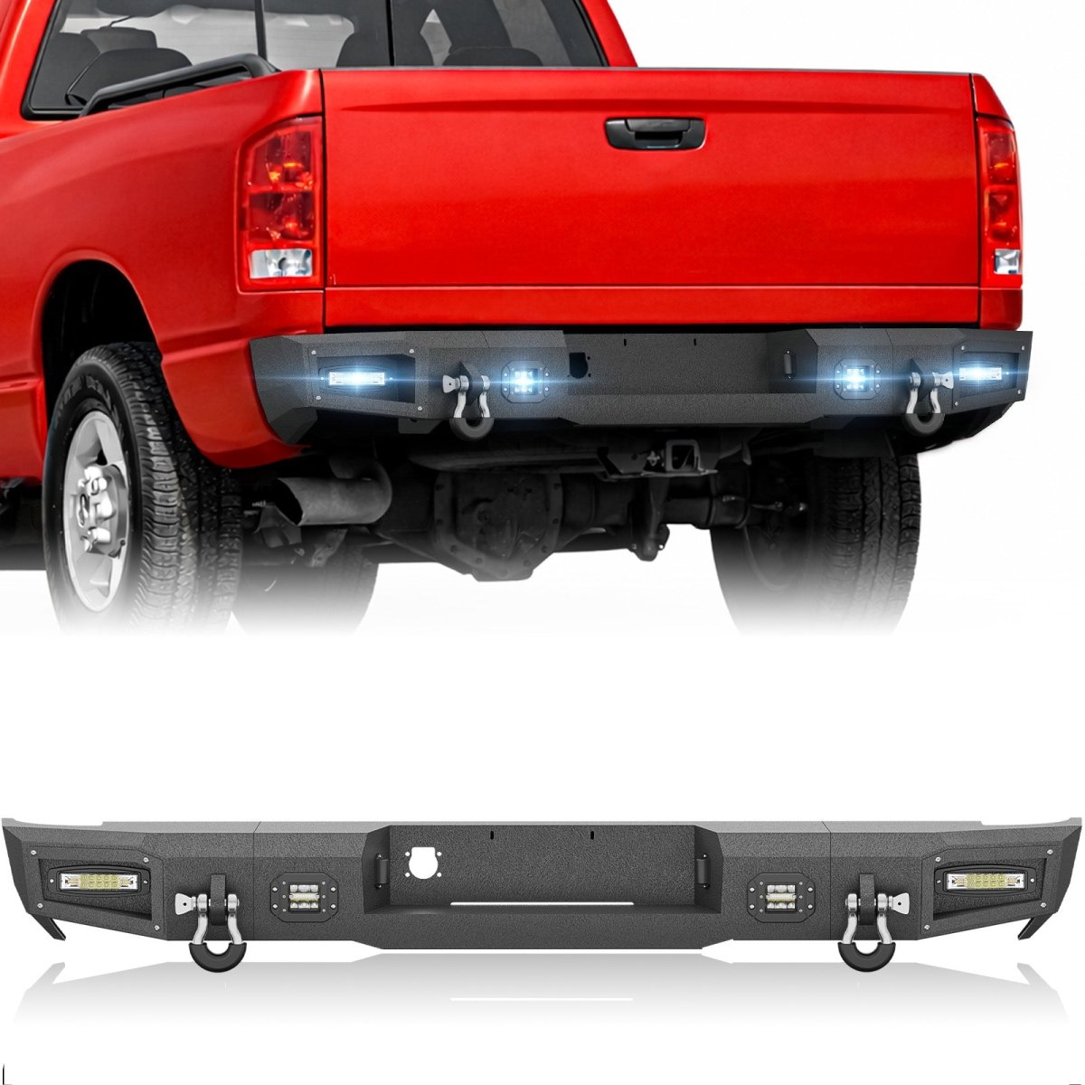 【Yzona】Full Width Rear Bumper Compatible with 2003-2005 Ram 2500 3500 with 2 x 42W and 2 x 48W LED Lights, Sensor Holes, Foot Pedal, Mesh Paintable Armor & 4.3-ton D-rings