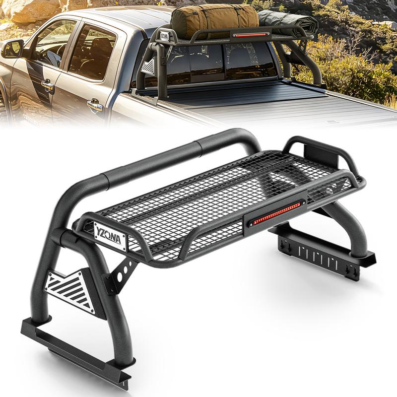 【Yzona】Adjustable Carbon Steel Sport Roll Bar (56"-65") - Automotive Car Vehicle Accessories, Rear Rack Cargo Basket with Brake Light & Sport Look, Fits Tacoma, Colorado & Universal Truck Beds