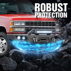 【YZONA】Full Width Front Bumper Compatible with Chevy C/K 1500 2500 1988-1998, 4x18W LED Lights, Heavy 4.3 Ton Rated Steel D-Rings, Wide Full Width Protective Bumper