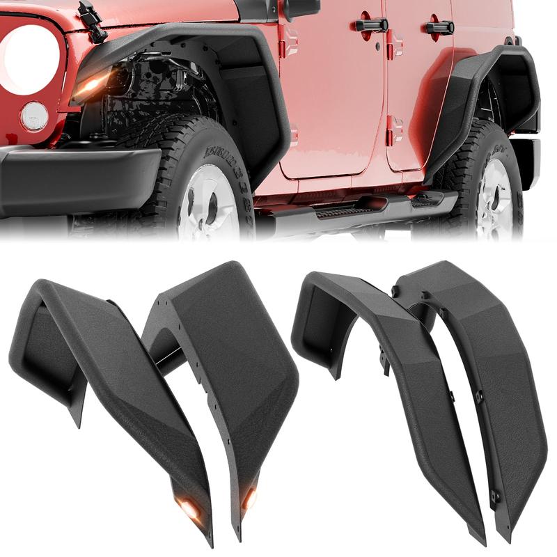 Yzona 2 Tubular Front Fender Flares with Lights & Rear Tubular Fender Flares, 4-Piece Heavy-Duty Mud-Guard Steel Off-Road Wheel Protector, Automotive Accessories, 48.43x20x6 Inches, Fits 2007-2018 Jeep Wrangler JK JKU Unlimited (2/4 Doors)