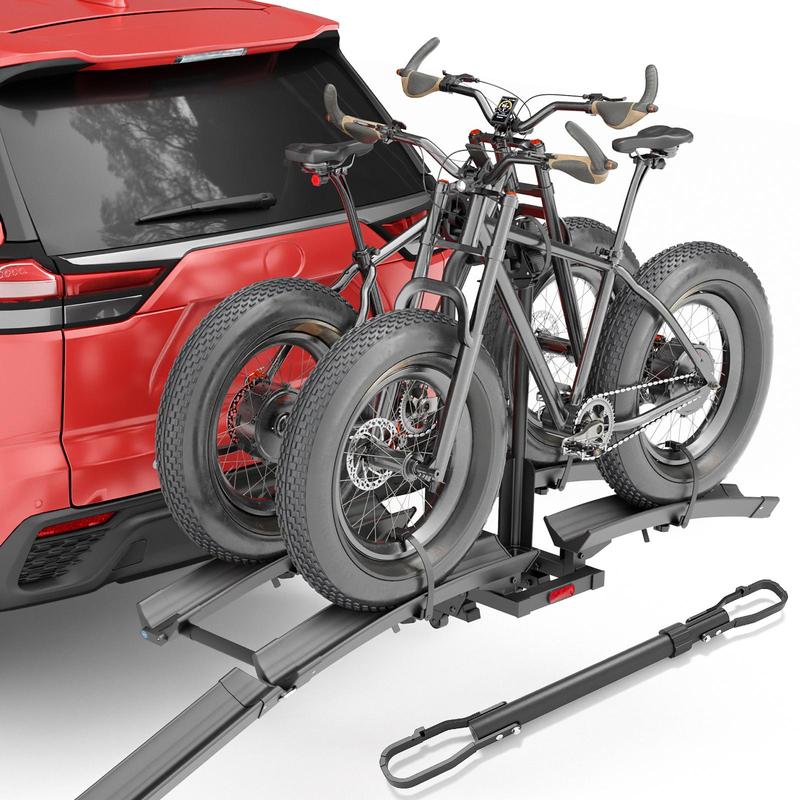 YZONA Upgraded 200lbs Ebike Hitch Rack - Outdoor Sports Equipment, 2-Mountain Ebike Capacity, 2" Receiver, Foldable Tilting Platform with Ramp, for Cars/SUVs, Fat Tires up to 5", Garage Storage, 52.56x15.55x28.15in, 66lbs