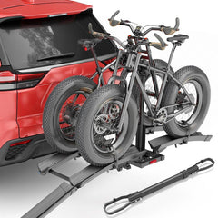 YZONA Upgraded 200lbs Ebike Hitch Rack - Outdoor Sports Equipment, 2-Mountain Ebike Capacity, 2" Receiver, Foldable Tilting Platform with Ramp, for Cars/SUVs, Fat Tires up to 5", Garage Storage, 52.56x15.55x28.15in, 66lbs